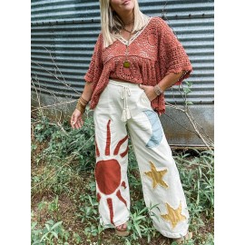 Ladies Ethnic Embroidered Sun Moon Star Wide Leg Pants Women Loose Casual Pants