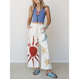 Ladies Ethnic Embroidered Sun Moon Star Wide Leg Pants Women Loose Casual Pants