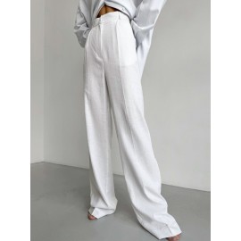 Linen Embellished Work Pant Spring Summer High Waist Pleated Slimming Wide Leg Office Casual Trousers