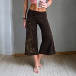 Retro Floral Print Waist Baggy Straight Trousers Summer Maillard Knit Casual Wide Leg Cropped Pants for Women