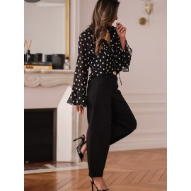Black Background White Dot Polka Dot Top Women Lace up V neck Lightweight Skinny Long Sleeve Loose Short Cropped Outfit Shirt