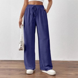 Summer Popular Casual Pants Loose Pockets Elastic Wide Leg Trousers for Women