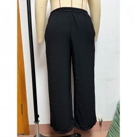 Summer Popular Casual Pants Loose Pockets Elastic Wide Leg Trousers for Women