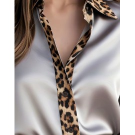 Spring Autumn Commuting Figure Flattering Long Sleeve Leopard Print Round Neck Patchwork Satin Blouse For Women