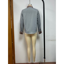 Spring Autumn Commuting Figure Flattering Long Sleeve Leopard Print Round Neck Patchwork Satin Blouse For Women