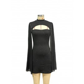 Women Clothing round Neck Sunken Stripe Pearl Chiffon Cape Sheath Dress for Women