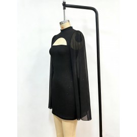 Women Clothing round Neck Sunken Stripe Pearl Chiffon Cape Sheath Dress for Women