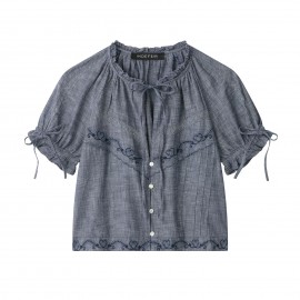 Women Clothing Summer Vintage Bow Embroidery Loose Short Sleeve Shirt