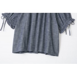 Women Clothing Summer Vintage Bow Embroidery Loose Short Sleeve Shirt