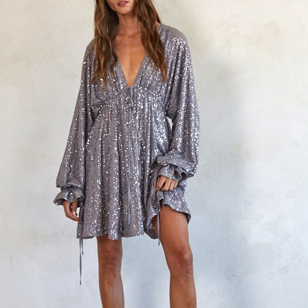 Lace up V neck Sequin Dress Sexy Drape Dress Women Summer
