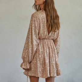 Lace up V neck Sequin Dress Sexy Drape Dress Women Summer