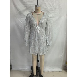 Lace up V neck Sequin Dress Sexy Drape Dress Women Summer