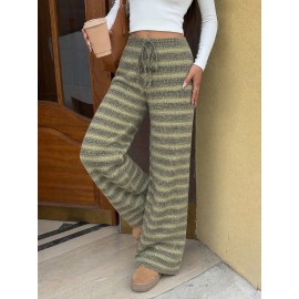 Long Pants Women Autumn Winter Striped Lace up Loose Wide Leg Straight Casual Pants