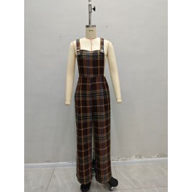 Fall Winter Classic Plaid Contrast Color Overalls High Waist Loose Wide Legs Trousers