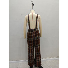 Fall Winter Classic Plaid Contrast Color Overalls High Waist Loose Wide Legs Trousers