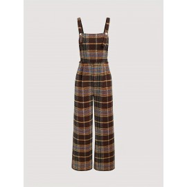 Fall Winter Classic Plaid Contrast Color Overalls High Waist Loose Wide Legs Trousers