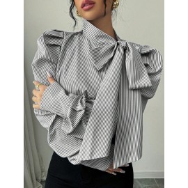 French Vertical Striped Bubble Stand up Collar Bowknot Large Ribbon Lace up Shirt