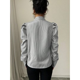 French Vertical Striped Bubble Stand up Collar Bowknot Large Ribbon Lace up Shirt