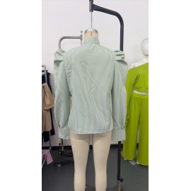 French Vertical Striped Bubble Stand up Collar Bowknot Large Ribbon Lace up Shirt