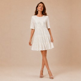 Sequined Short Sleeve A line Dress Cocktail Women Short Dress