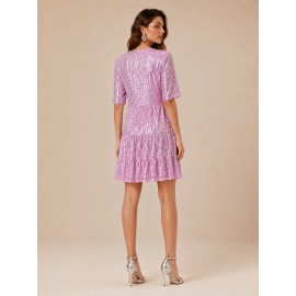 Sequined Short Sleeve A line Dress Cocktail Women Short Dress