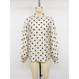Vintage Loose Collared Polka Dot Long Sleeve Shirt Women