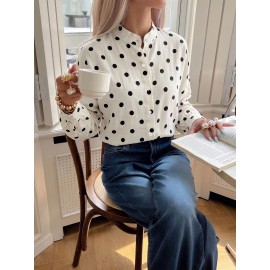 Vintage Loose Collared Polka Dot Long Sleeve Shirt Women