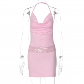 Women Clothing Summer Sexy Low Cut Swing Collar Halter Backless Skinny Sheath Dress