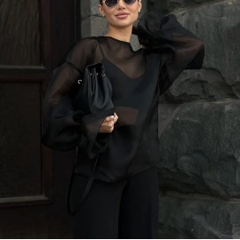 Women Clothing Street Sexy See through Sun Protection Shirt Summer round Neck Bell Sleeve Top