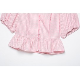 Sweet Girlish Age Reducing Plaid Puff Sleeve Shirt Waist Tight Ruffle Swing Top