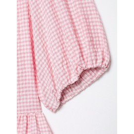 Sweet Girlish Age Reducing Plaid Puff Sleeve Shirt Waist Tight Ruffle Swing Top