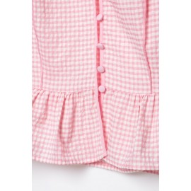 Sweet Girlish Age Reducing Plaid Puff Sleeve Shirt Waist Tight Ruffle Swing Top