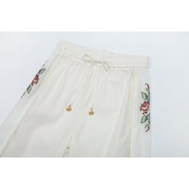 Women Clothing Summer Casual Side Striped Embroidered Ribbon Straight Leg Pants