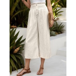 Spring Summer Women Clothing Smocking High Waist Cotton Linen Trousers Elastic Loose Elastic Casual Wide Leg Pants for Women