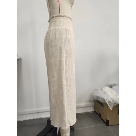 Spring Summer Women Clothing Smocking High Waist Cotton Linen Trousers Elastic Loose Elastic Casual Wide Leg Pants for Women