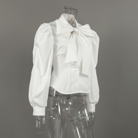 French Royal White Shirt Women Cotton Puff Sleeve Bow Lace up Waist High Grade Long Sleeve Top