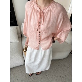 Light Oxygen Gentle 100 Ramie Stringy Selvedge Lace up Machine Embroidery Lantern Sleeve Shirt
