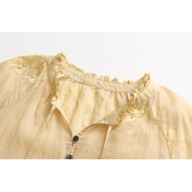 Light Oxygen Gentle 100 Ramie Stringy Selvedge Lace up Machine Embroidery Lantern Sleeve Shirt