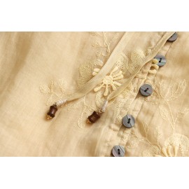 Light Oxygen Gentle 100 Ramie Stringy Selvedge Lace up Machine Embroidery Lantern Sleeve Shirt