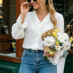Early Autumn French White V neck Lace Shirt Women Summer High Grade Niche Shirt Long Sleeved Top