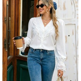 Early Autumn French White V neck Lace Shirt Women Summer High Grade Niche Shirt Long Sleeved Top