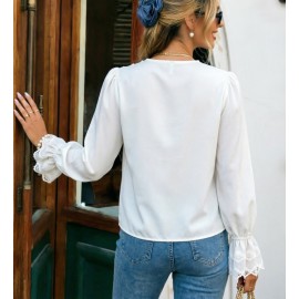 Early Autumn French White V neck Lace Shirt Women Summer High Grade Niche Shirt Long Sleeved Top