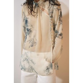 Women Elegant Printed Button Mid Length Shirt Top