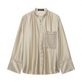Women Clothing Summer Embroidered Pocket with Stand Collar Long Sleeve Shirt Top