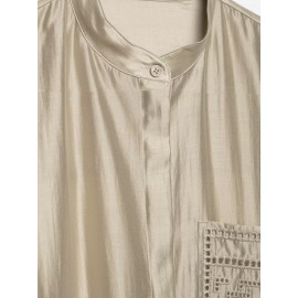 Women Clothing Summer Embroidered Pocket with Stand Collar Long Sleeve Shirt Top