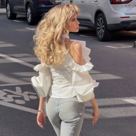 French Vintage Court Elegant Stand Collar off the Shoulder Lantern Sleeve Top Elegant Casual All Match Solid Color Long Sleeve Shirt