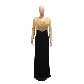 Women Clothes Dress Sequin round Neck Pleated Sequined Sheath Long Sleeve