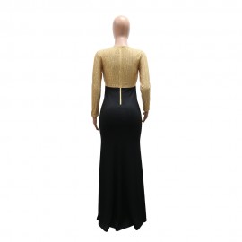 Women Clothes Dress Sequin round Neck Pleated Sequined Sheath Long Sleeve