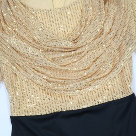 Women Clothes Dress Sequin round Neck Pleated Sequined Sheath Long Sleeve