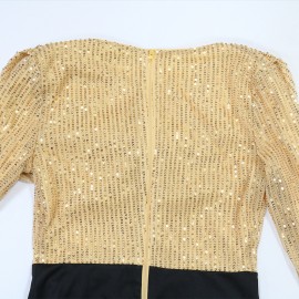 Women Clothes Dress Sequin round Neck Pleated Sequined Sheath Long Sleeve